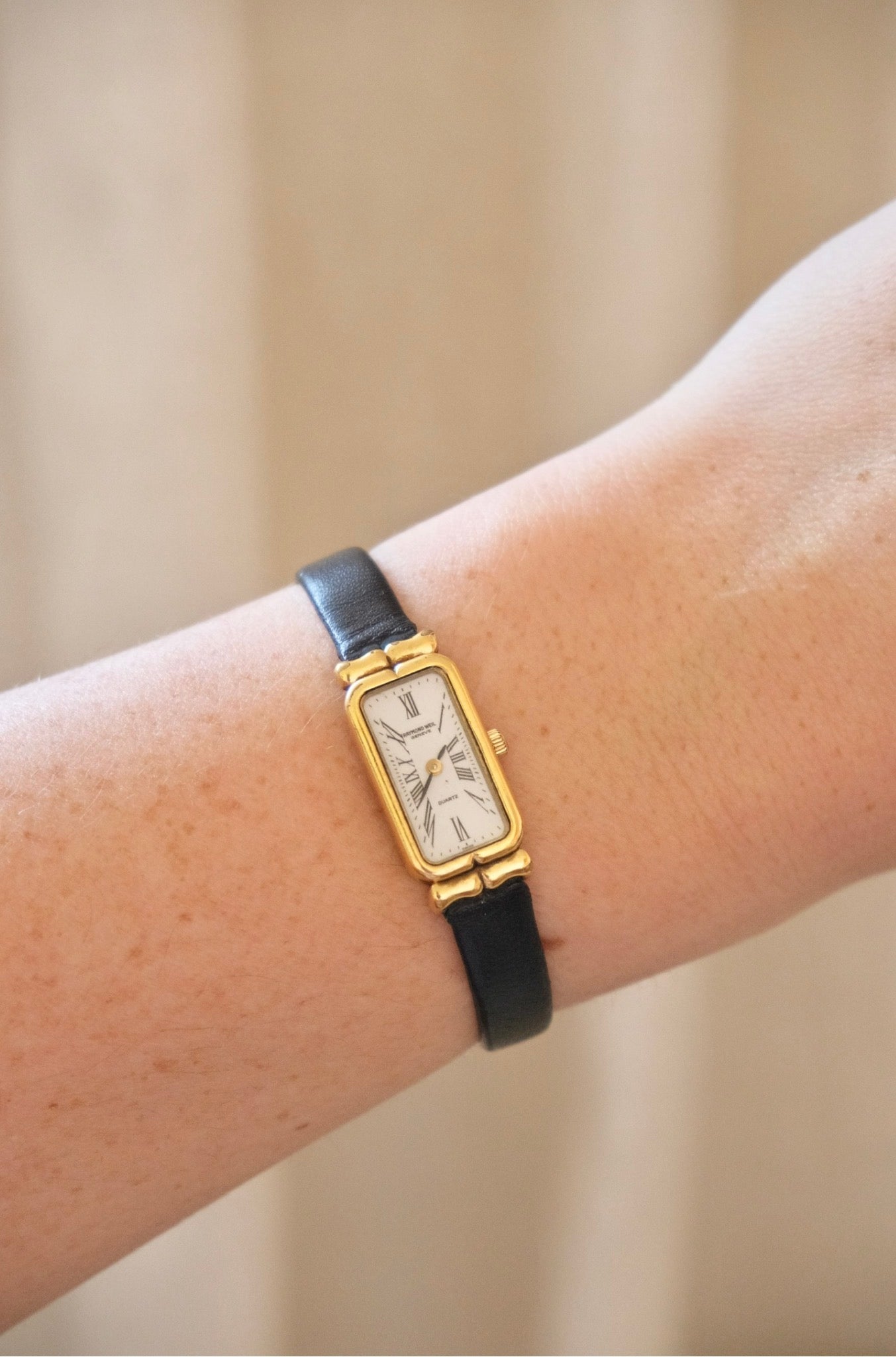 Vintage Raymond Weil Tank Watch: 18k Gold Plated, Leather Strap, Working