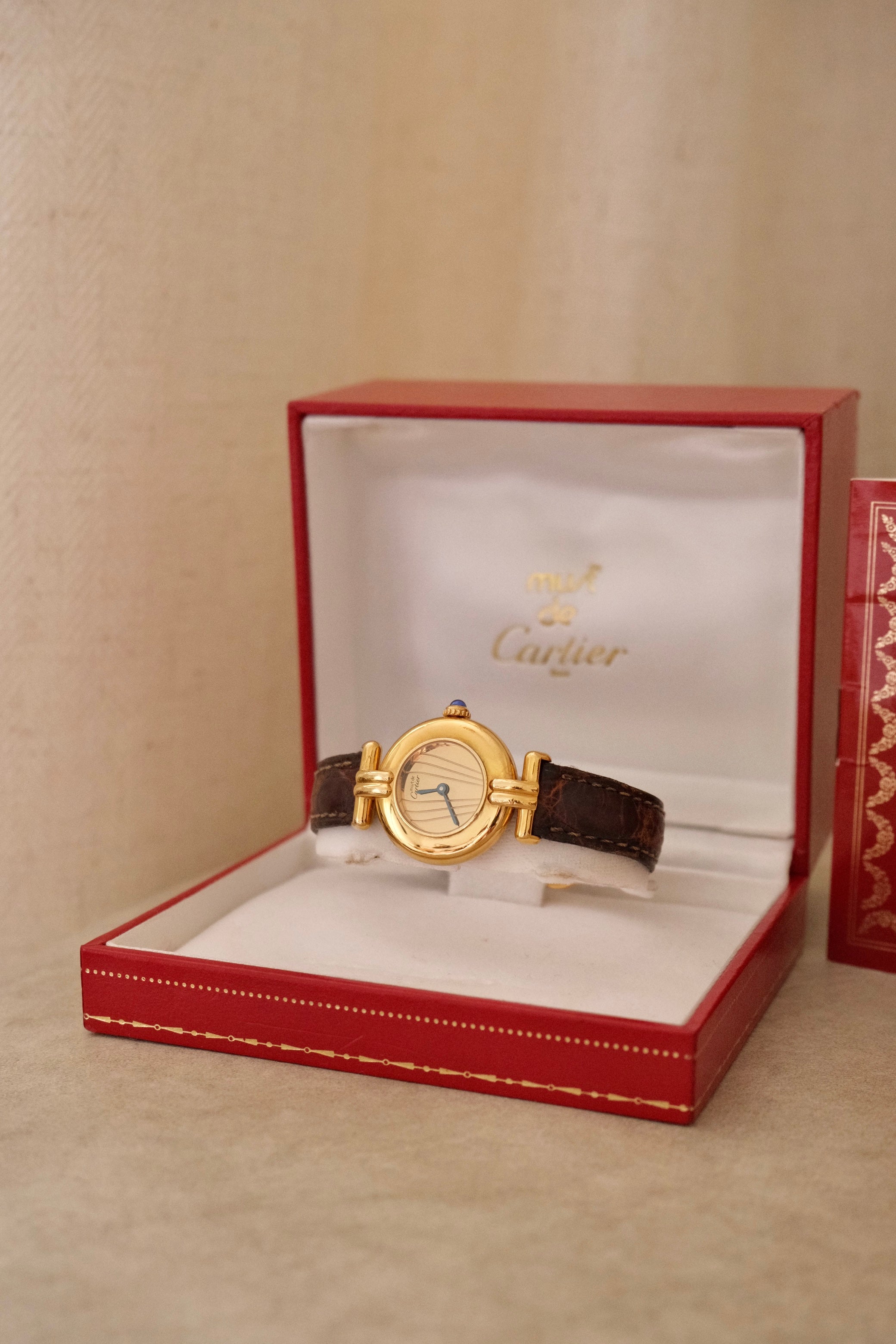 Vintage Ladies 1993 Cartier Must de Cartier Vermeil Watch Gold Plated Ladies Watch, Brown Leather Strap, Luxury Timepiece Box & Papers