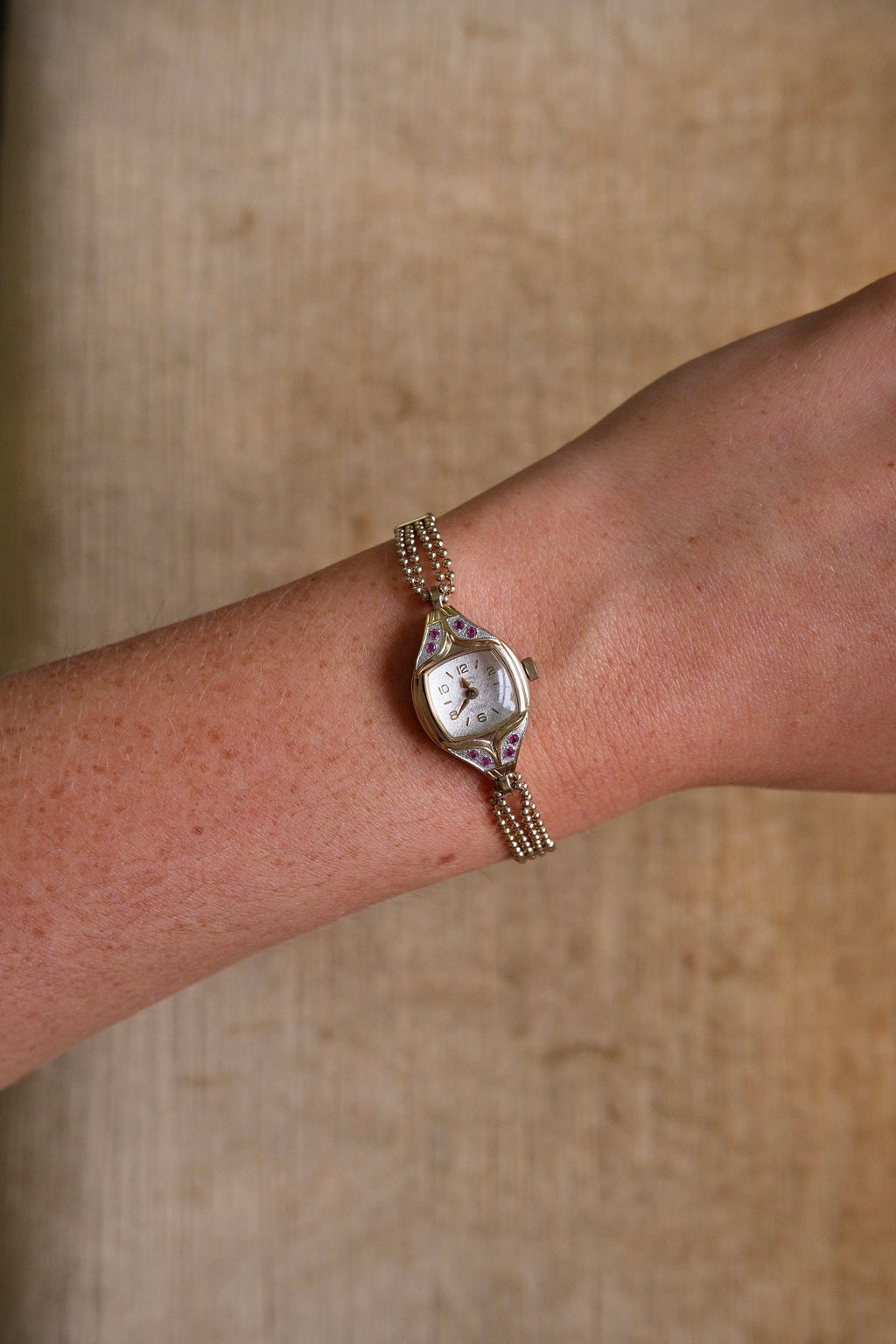 Rare and Unique 1980s Citizen Ladies Pendant Watch Ruby Accent Gold Beaded Chain