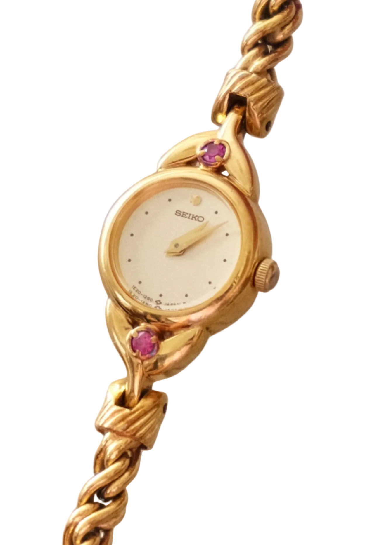 Vintage Seiko Gold Plated Quartz Watch - Rubies, Twisted Chain Bracelet