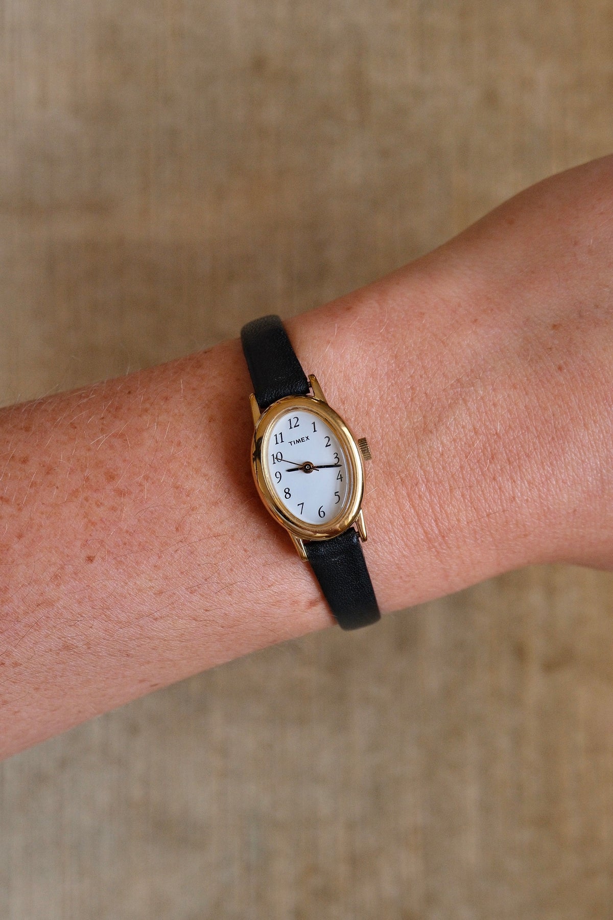 Vintage Ladies Mini Gold Timex Oval ‘Baignoire’ Style Leather Strap Watch