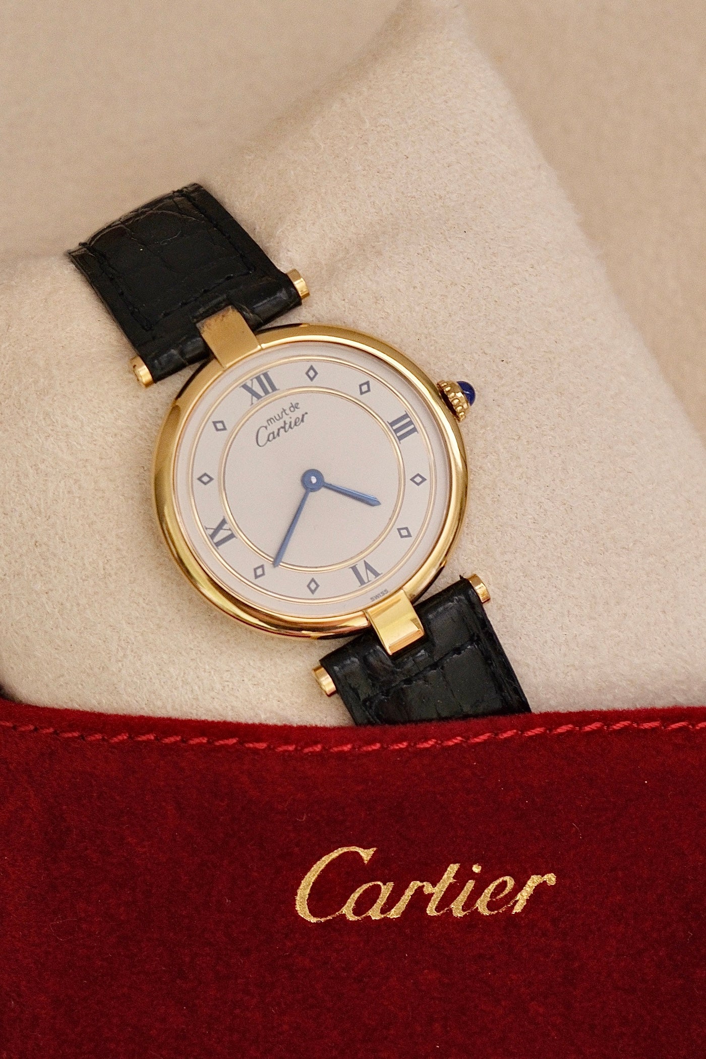 Vintage 1980s Cartier Must de Cartier Vendôme Vermeil Quartz Watch | 18K Gold-Plated 925 Sterling Silver | Red Cartier Pouch Included