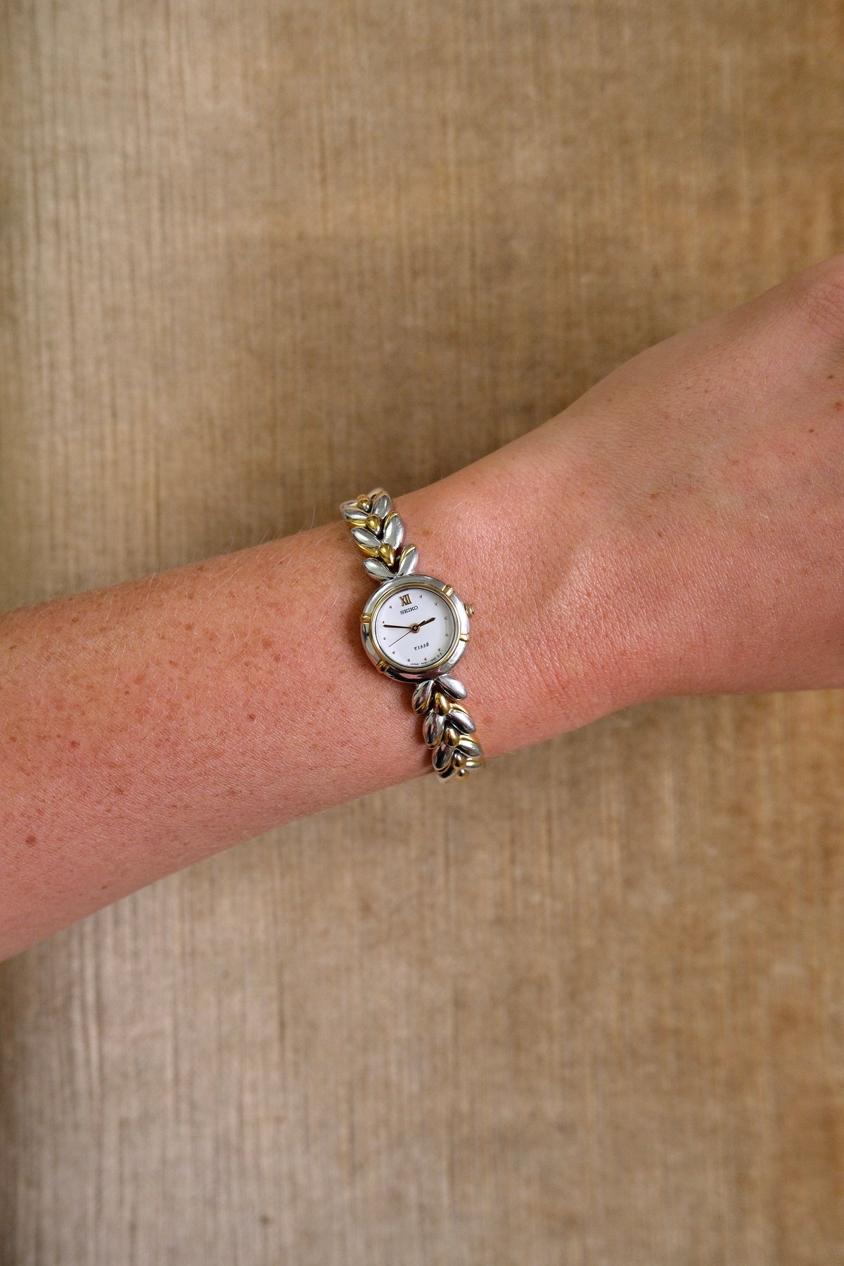Vintage 90s Ladies Gold Two Tone Seiko Tissé Dainty Quartz Watch