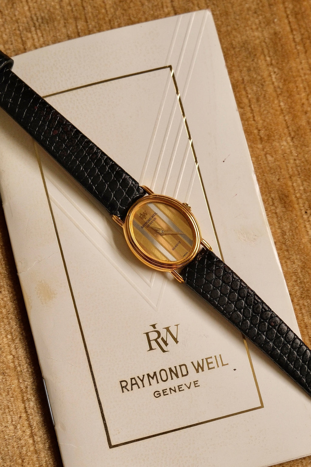 Rare Petite Vintage Ladies Raymond Weil Genève Tri Gold Watch 1987 Swiss Quartz Ladies Black Leather Strap with Papers