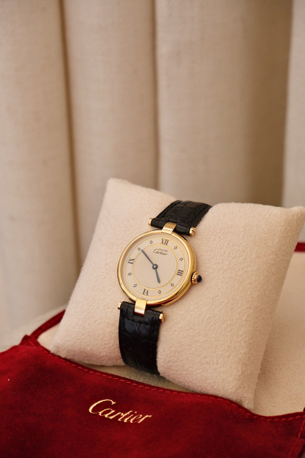 Vintage 1980s Cartier Must de Cartier Vendôme Vermeil Quartz Watch | 18K Gold-Plated 925 Sterling Silver | Red Cartier Pouch Included