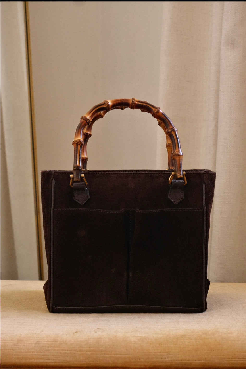 Vintage Gucci Bamboo Tote Bag Brown Suede with Bamboo Handles Circa 1980s
