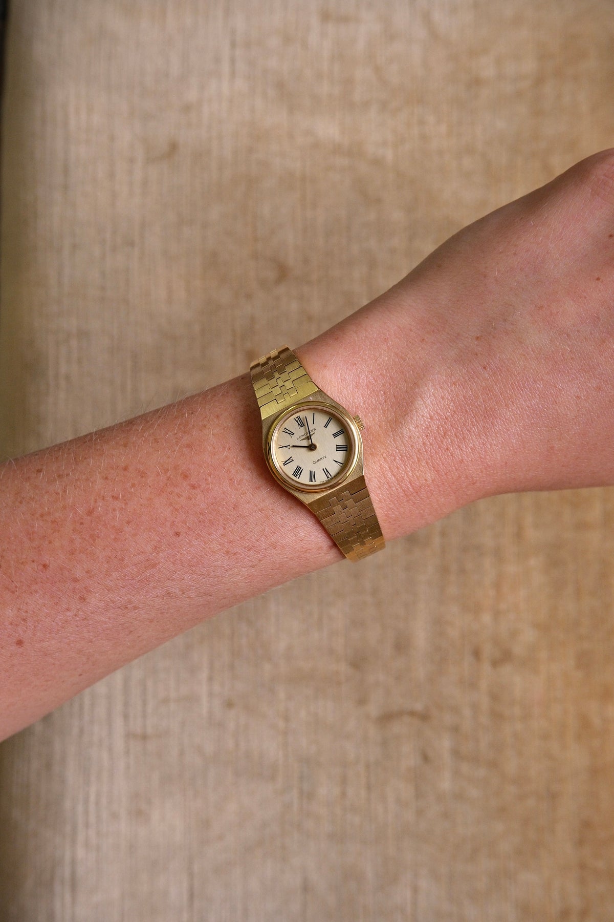 Vintage Ladies Gold Plated Longines Watch, Roman Numeral Champange Dial Box & Papers