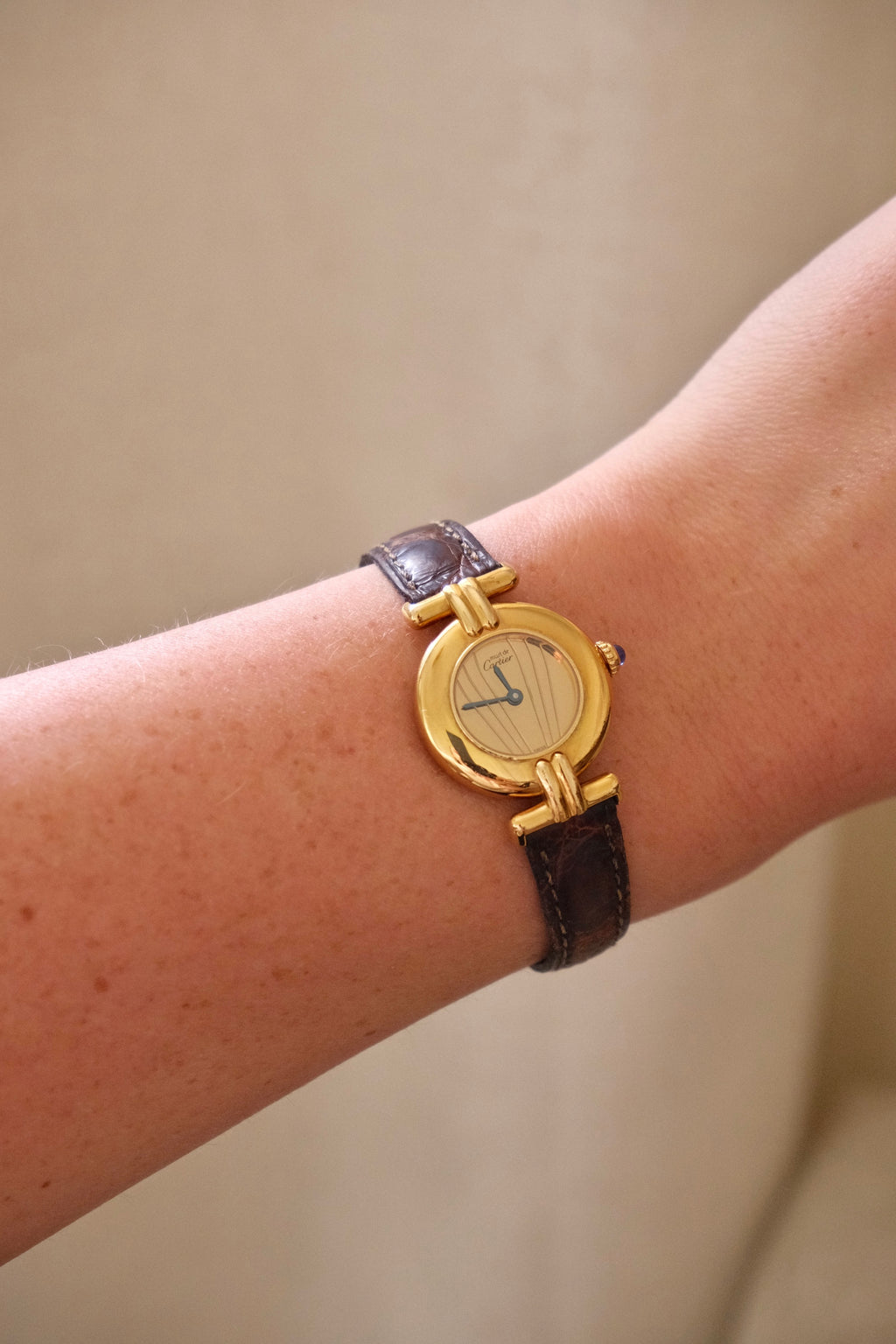 Vintage Ladies 1993 Cartier Must de Cartier Vermeil Watch Gold Plated Ladies Watch, Brown Leather Strap, Luxury Timepiece Box & Papers