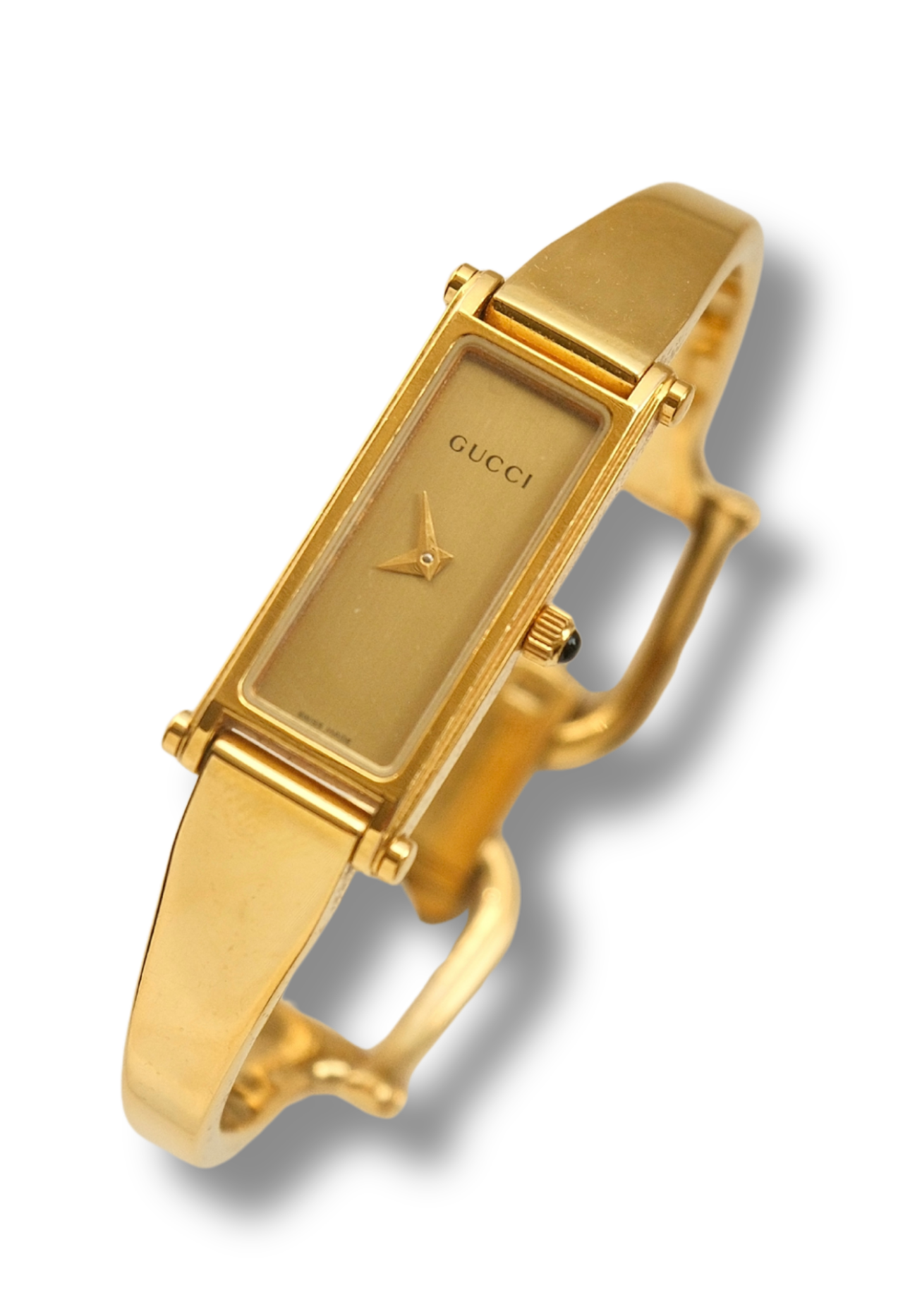 Vintage Gucci 1500L Gold Bangle Watch with Champagne Dial, 90s Quartz Working in Box