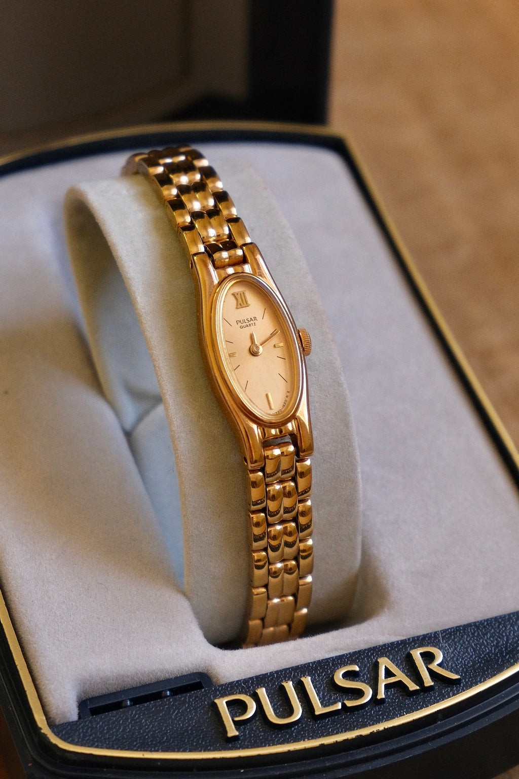 Rare 90s Ladies Gold Pulsar Slim and Petite Watch in Box