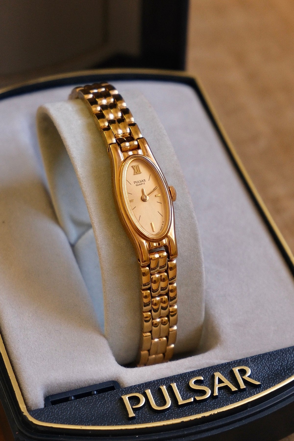 Rare 90s Ladies Gold Pulsar Slim and Petite Watch in Box