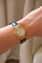 Vintage Seiko Lassale Ladies Watch, Gold Plated 1980s Ultra Thin Dress Watch Roman Numeral Bezel, Green Leather Strap