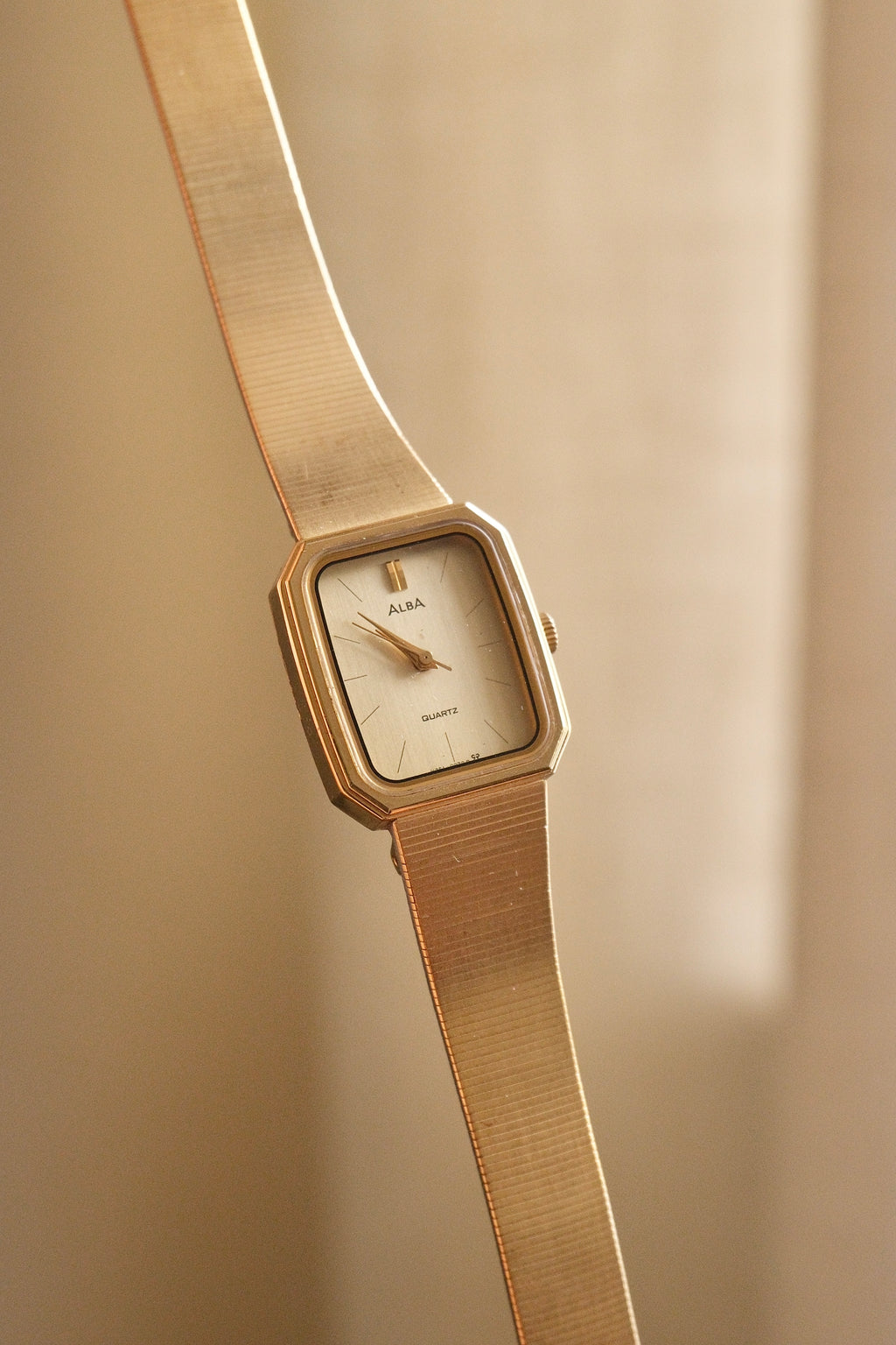 Vintage Alba Seiko Ladies Gold Watch Featuring an Octagonal case and a Textured link bracelet