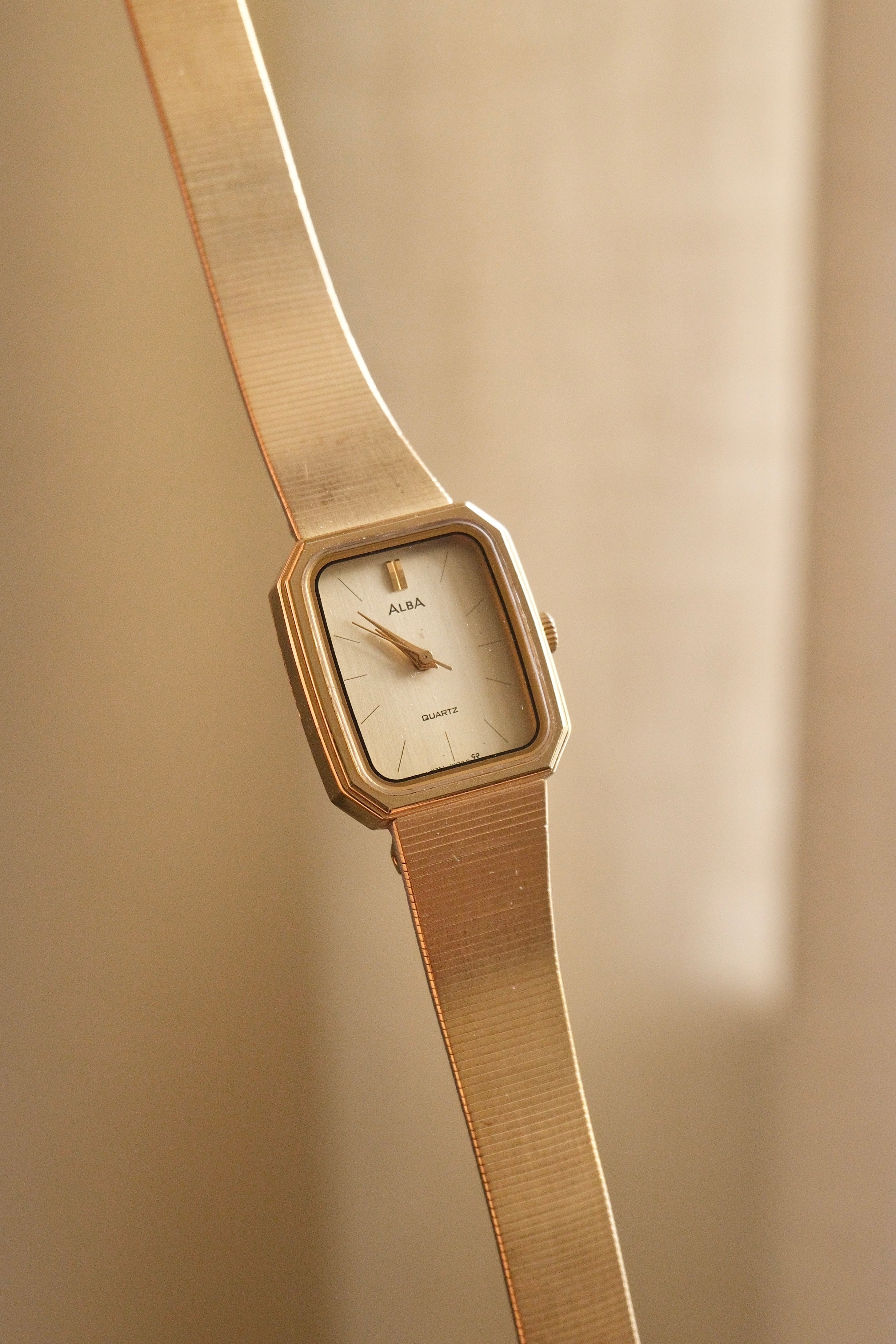 Vintage Alba Seiko Ladies Gold Watch Featuring an Octagonal case and a Textured link bracelet