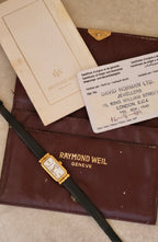 Vintage Raymond Weil Tank Watch: 18k Gold Plated, Leather Strap, Working