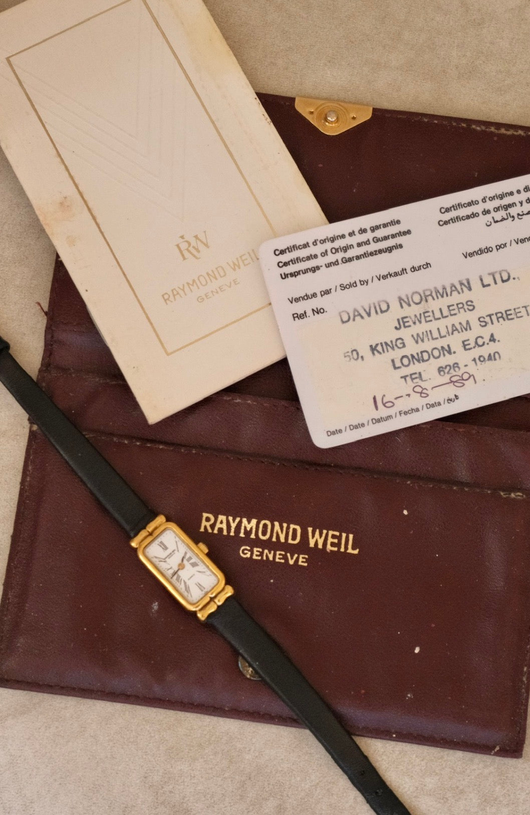 Vintage Raymond Weil Tank Watch: 18k Gold Plated, Leather Strap, Working