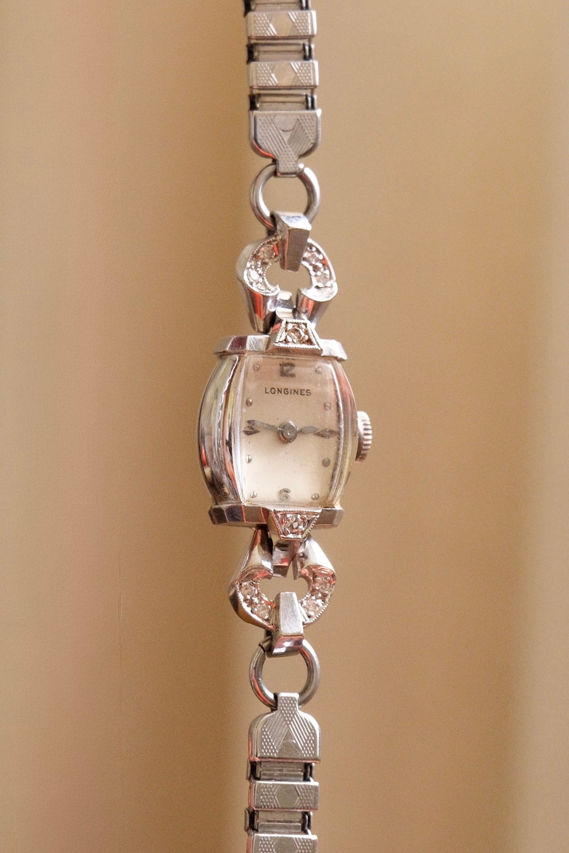 Rare Vintage Longines 14K White Gold Diamond Ladies Watch – Art Deco Style 1950s Swiss 17 Jewel Manual Wind Wristwatch