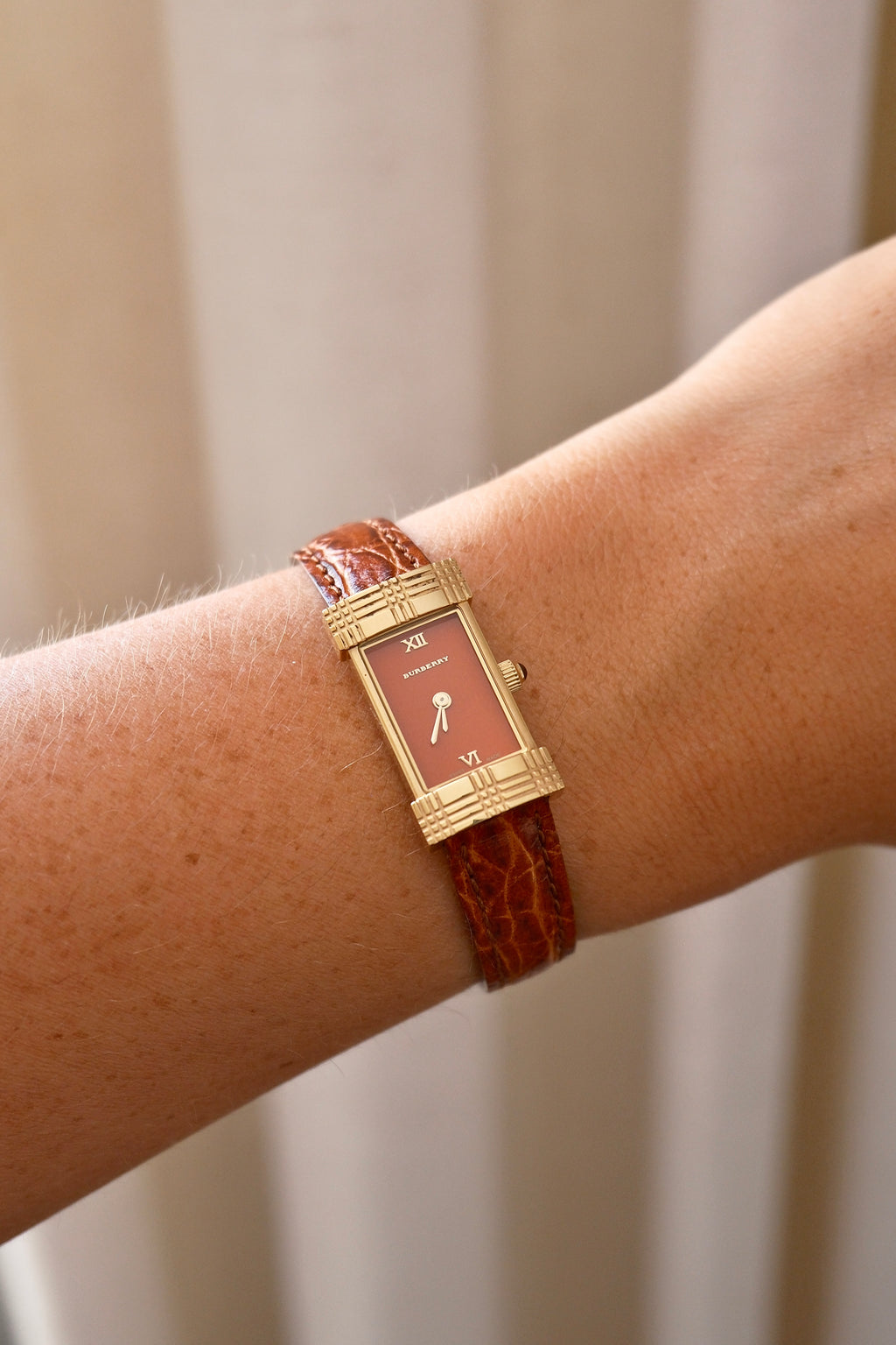 Rare Vintage 00s Orange Dial Burberry Tank Style Gold Watch on Orange Leather Strap Box & Papers