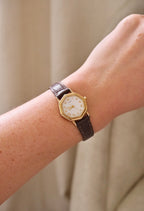 Vintage ladies gold hexagon Citizen face on a brown leather strap watch working