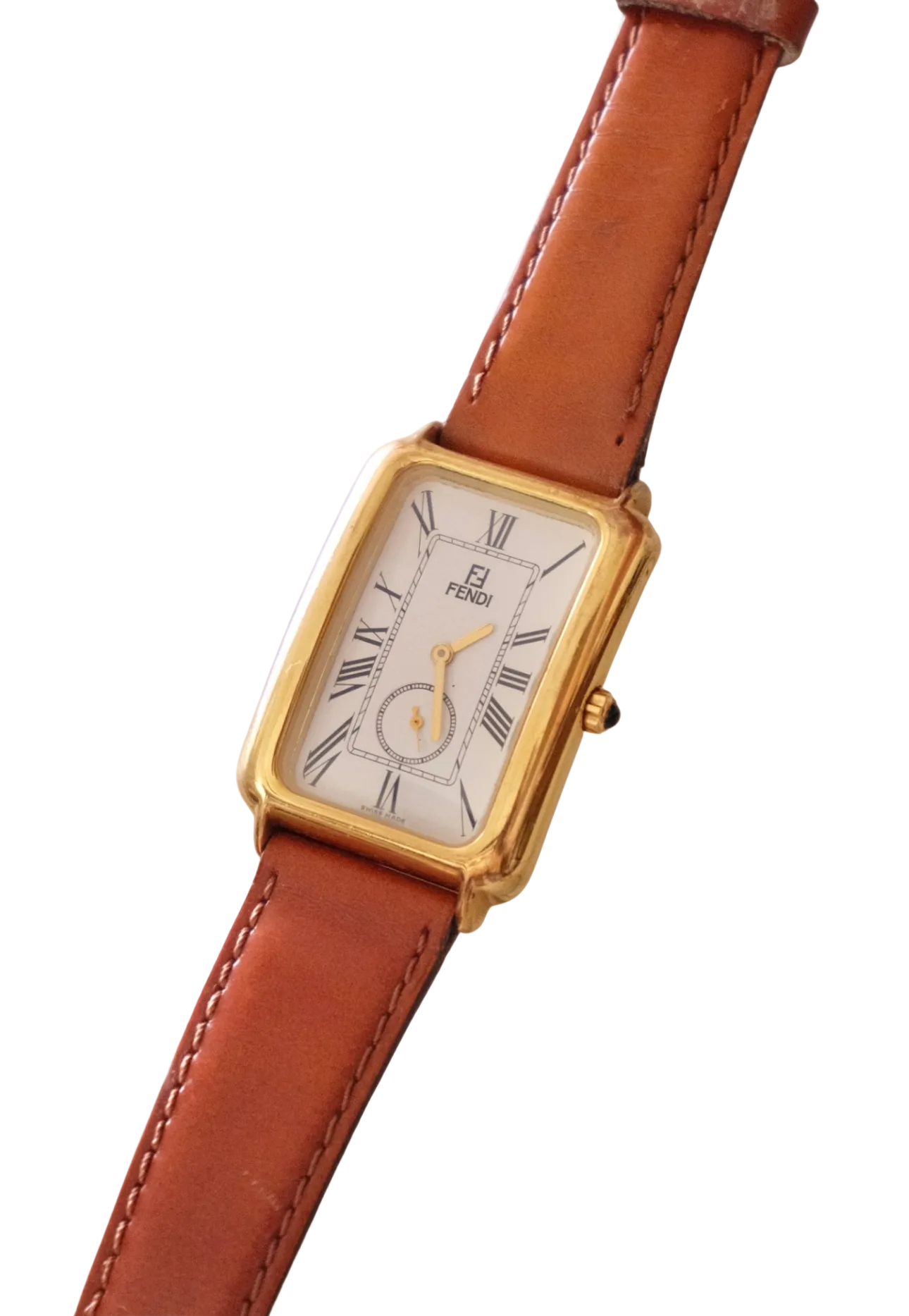 Vintage 90s Unisex Gold-Plated Fendi 500 Quartz Watch with Rectangular Tank-Style Dial