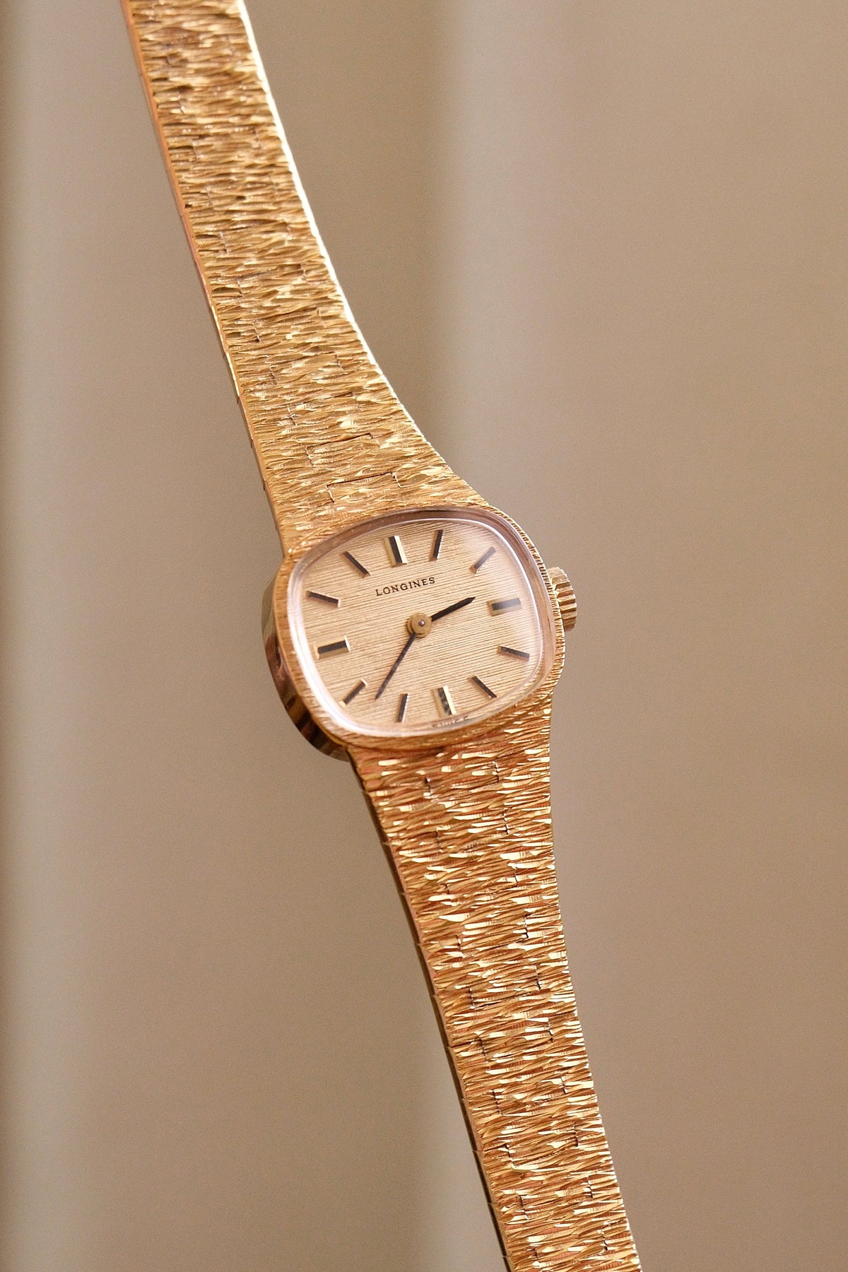 1970s Vintage Ladies Longines Gold Cocktail Watch, Textured Bark Bracelet Swiss Mechanical