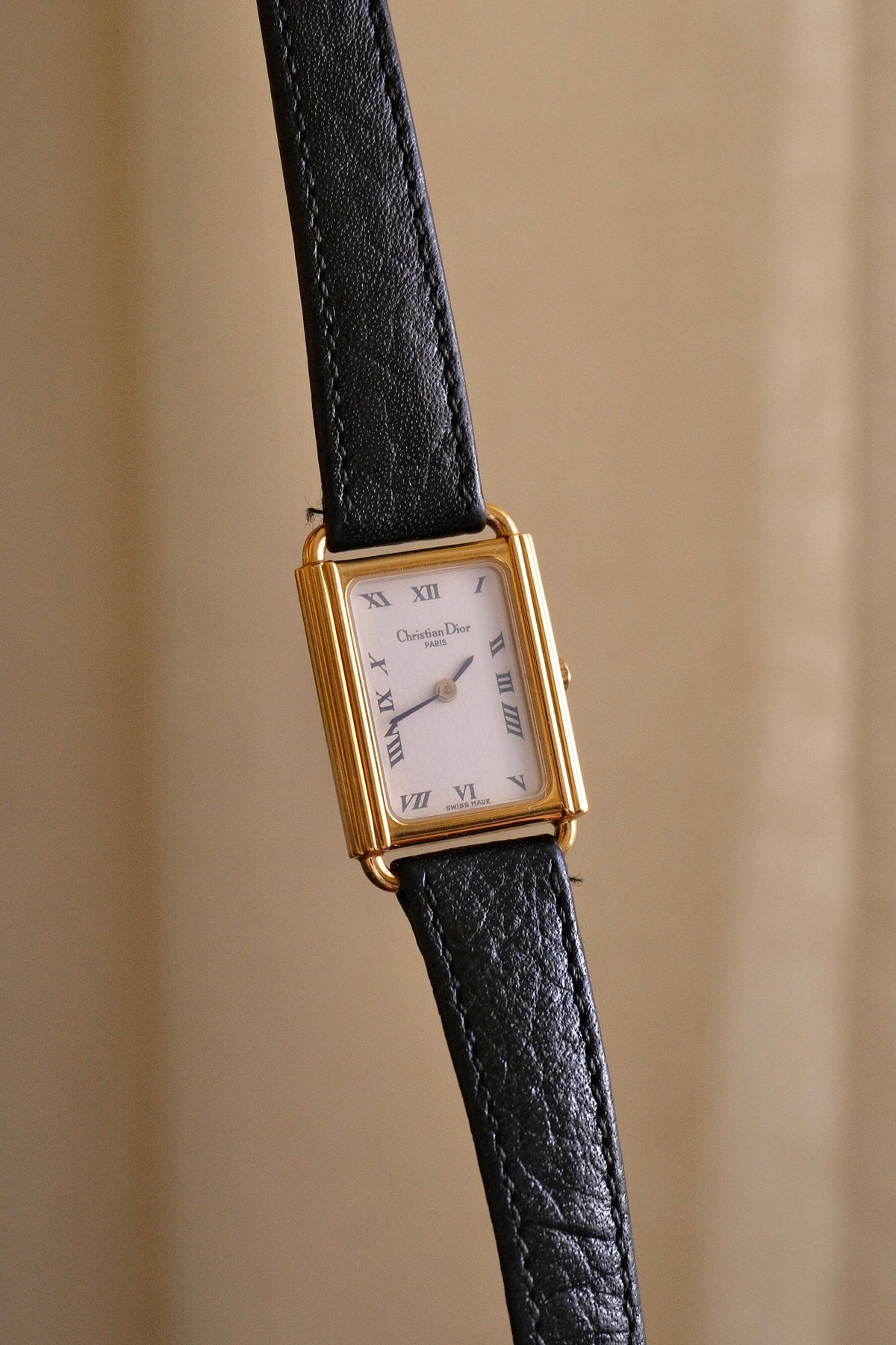 Rare ladies' Christian Dior 90s watch with tank-style rectangular dial, and black leather strap