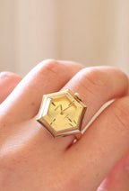 Rare 1970s Vintage Seiko Gold Mechanical Ring Watch Adjustbale Size Geometric Design