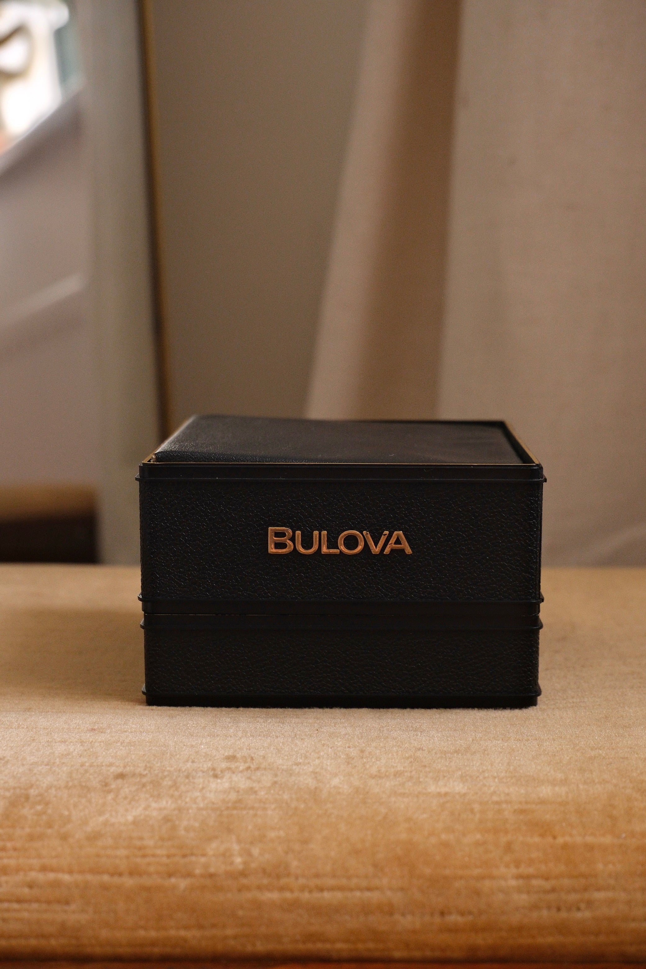 Vintage Ladies Gold Bulova Quartz Black Dial Tank Watch in Box Working