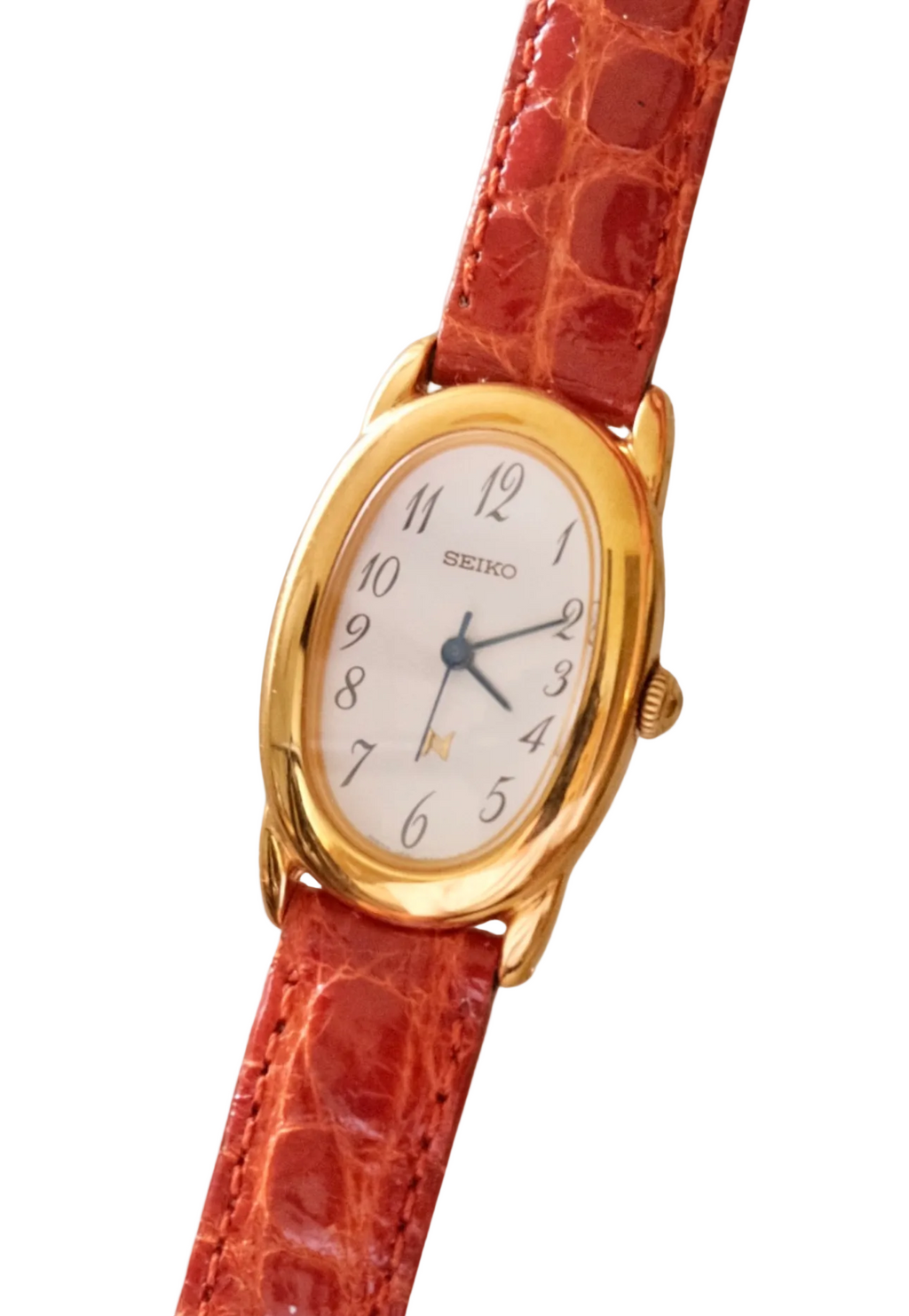 Vintage Ladies Seiko Oval ‘Baignoire’ Style Leather Strap Gold Watch Working