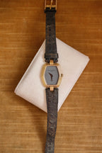 90s Christian Dior Paris Vintage Watch Hexagon Gold Plated Case Grey Dial Swiss Luxury Quartz Wristwatch with Black Leather Strap