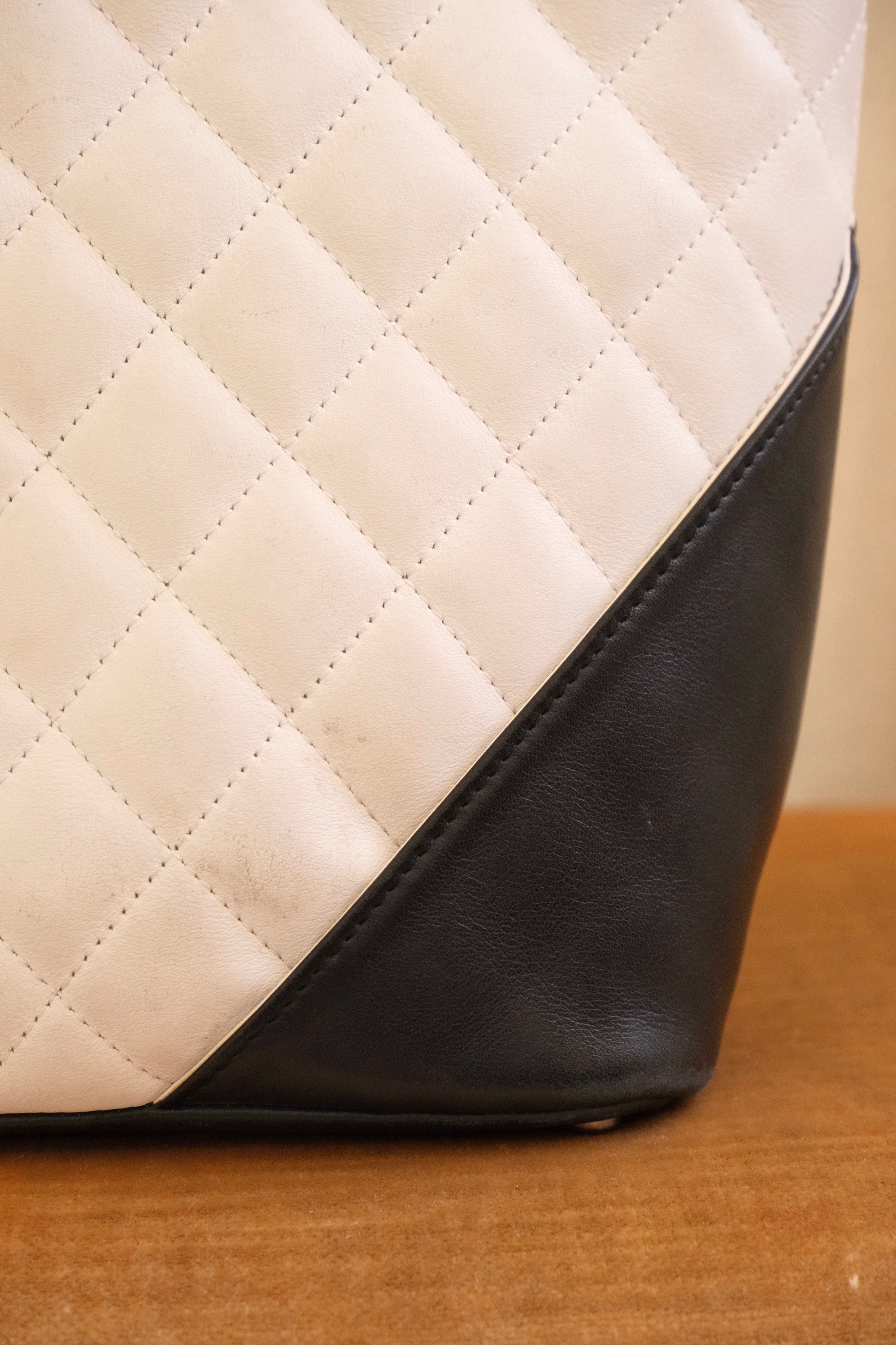 Authentic 2004 Chanel Cambon Tote Bag White Black Quilted Leather Shoulder Bag