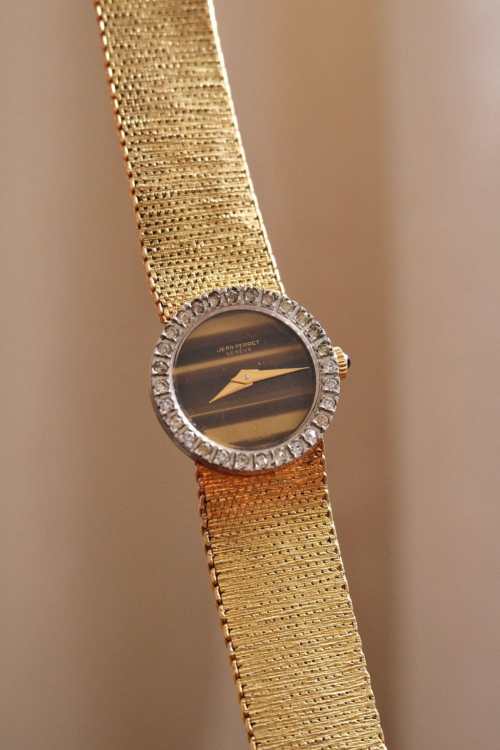 Vintage 1970s Jean Perret Genève Ladies Watch Tiger’s Eye Dial & Diamond Accent Bezel Swiss Gold Mesh Cocktail Watch