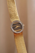 Vintage 1970s Jean Perret Genève Ladies Watch Tiger’s Eye Dial & Diamond Accent Bezel Swiss Gold Mesh Cocktail Watch