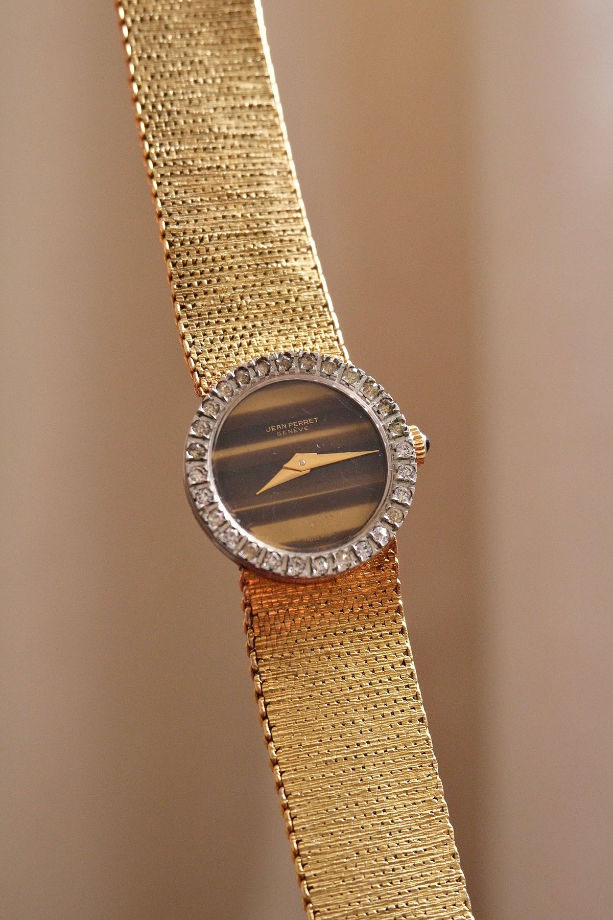 Vintage 1970s Jean Perret Genève Ladies Watch Tiger’s Eye Dial & Diamond Accent Bezel Swiss Gold Mesh Cocktail Watch