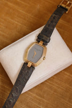90s Christian Dior Paris Vintage Watch Hexagon Gold Plated Case Grey Dial Swiss Luxury Quartz Wristwatch with Black Leather Strap