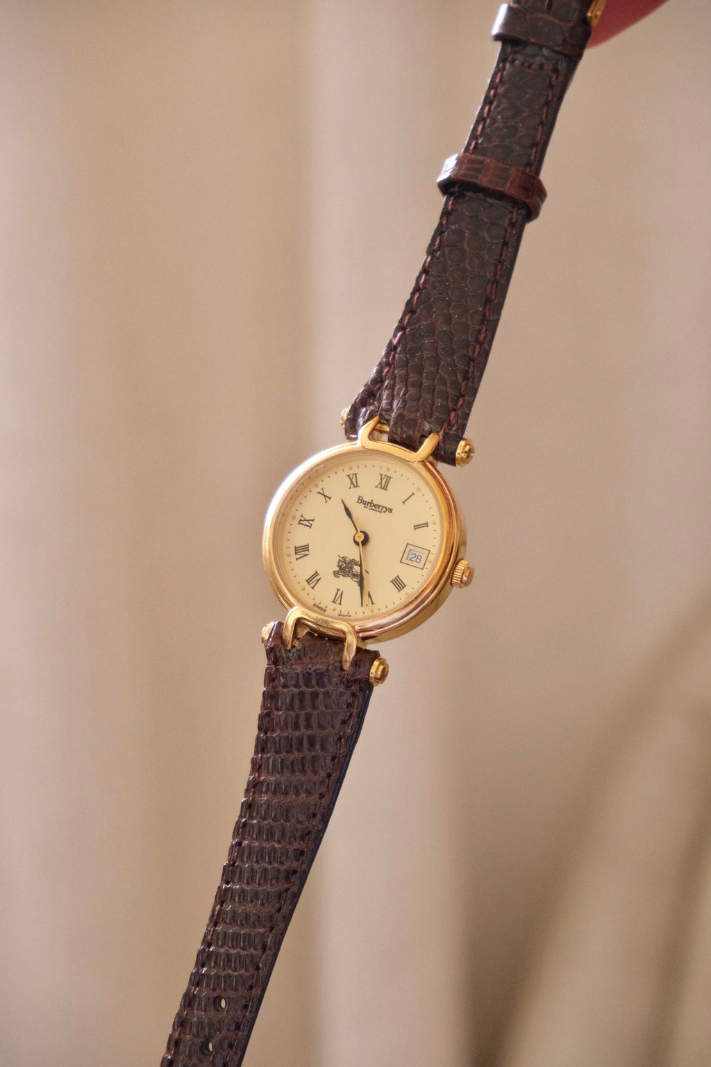1994 Ladies Burberrys Gold Tone Round Watch with Date Brown Lizard Strap