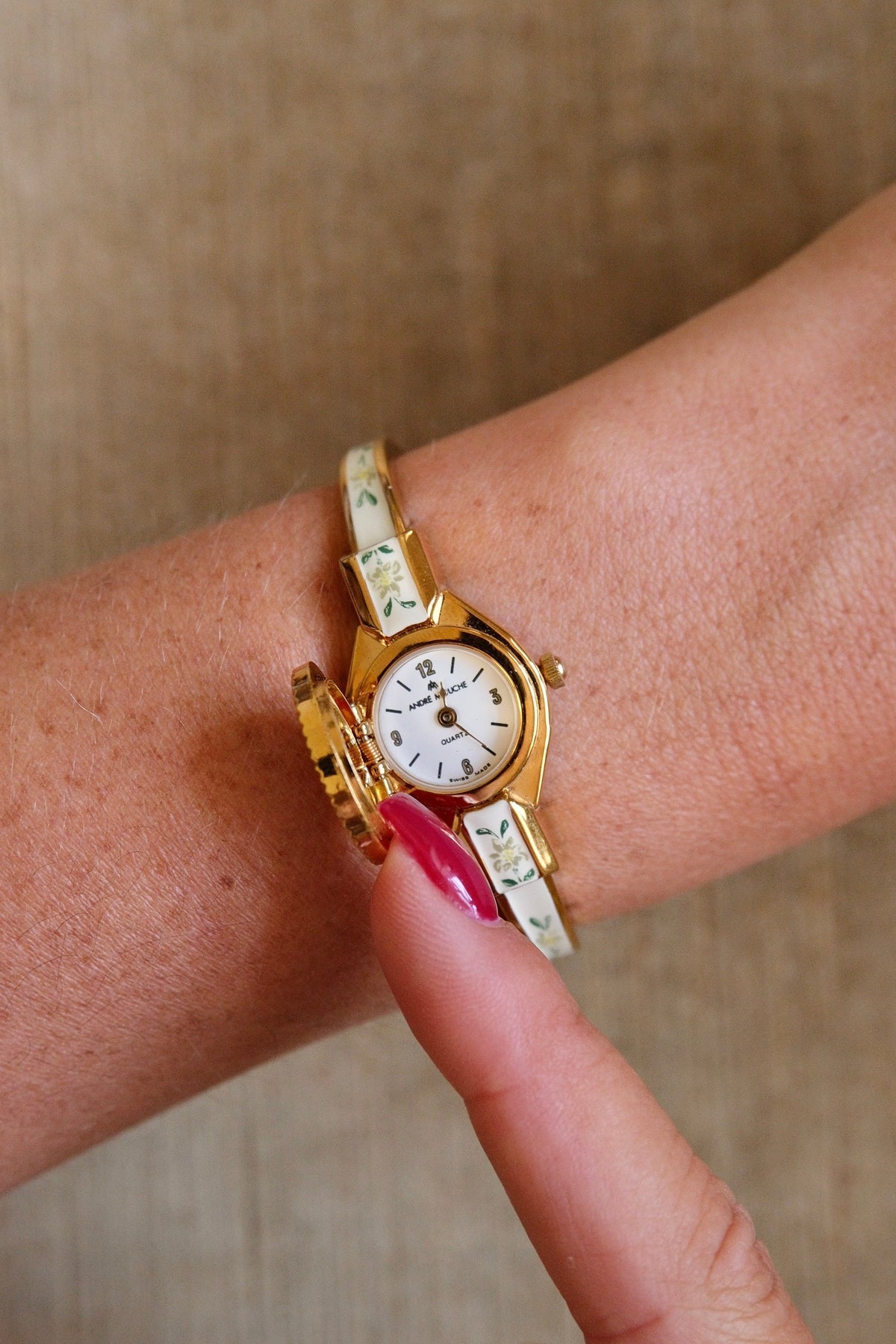Vintage André Mouche Swiss Peek-a-Boo Cocktail Watch Enamel Bangle, Quartz