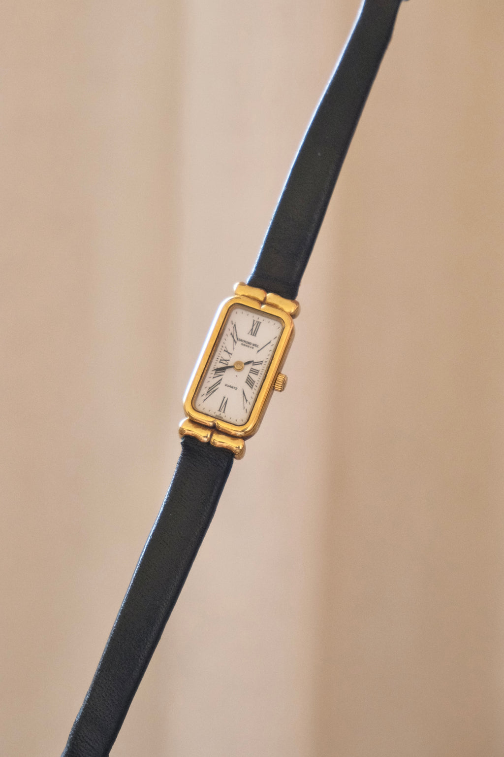 Vintage Raymond Weil Tank Watch: 18k Gold Plated, Leather Strap, Working