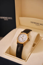 Ladies Raymond Weil Vintage Genève 9955 18k Gold Plated Quartz Watch With Authentic  Blue Cabochon Sapphire Crown with Box and Papers
