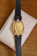 90s Christian Dior Paris Vintage Watch Hexagon Gold Plated Case Grey Dial Swiss Luxury Quartz Wristwatch with Black Leather Strap