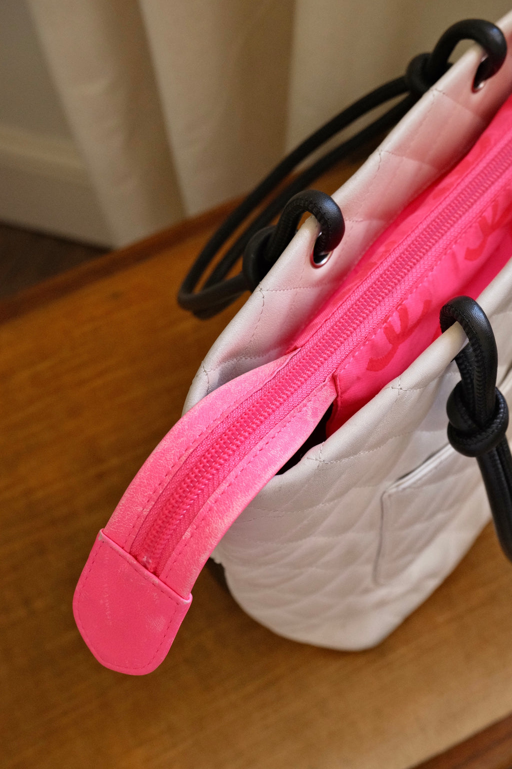 Authentic 2004 Chanel Cambon Tote Bag White Black Quilted Leather Shoulder Bag