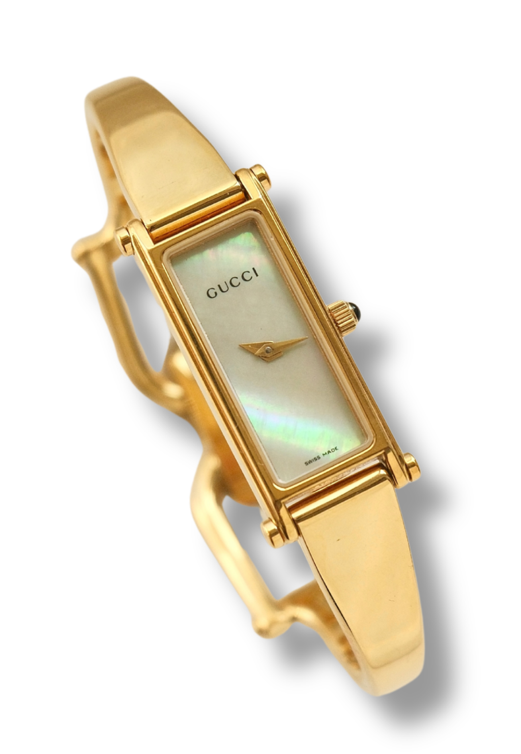 Vintage Gucci 1500L Gold Bangle Watch with Mother of Pearl Dial, 90s Quartz Working in Box
