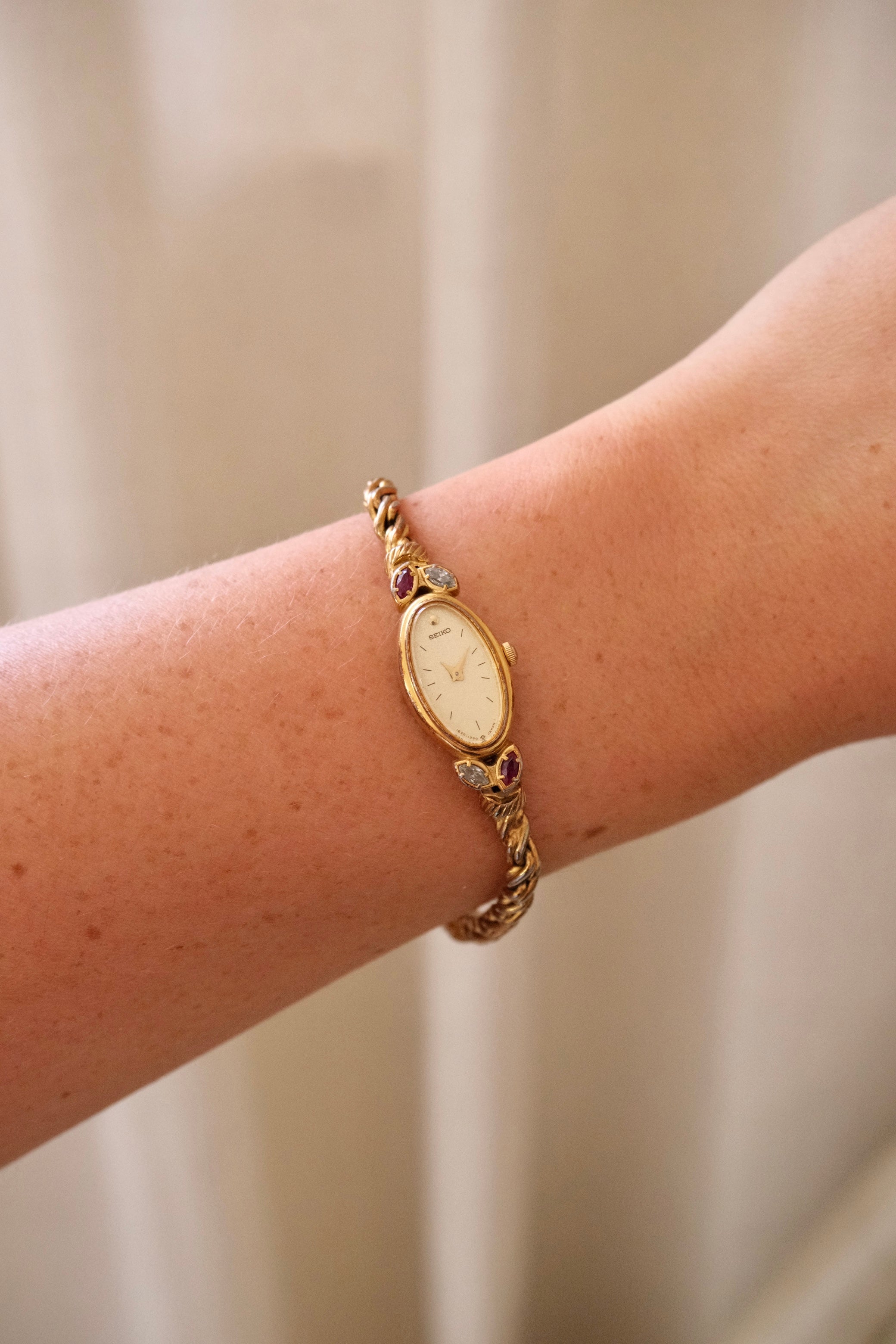 Rare Petite Oval Gold Ruby Seiko Watch with Safety Chain Collectors Watch
