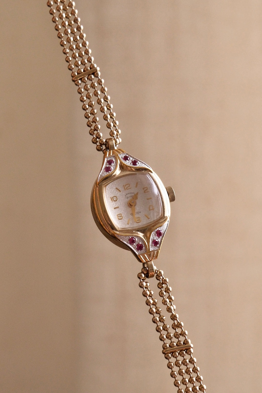 Rare and Unique 1980s Citizen Ladies Pendant Watch Ruby Accent Gold Beaded Chain