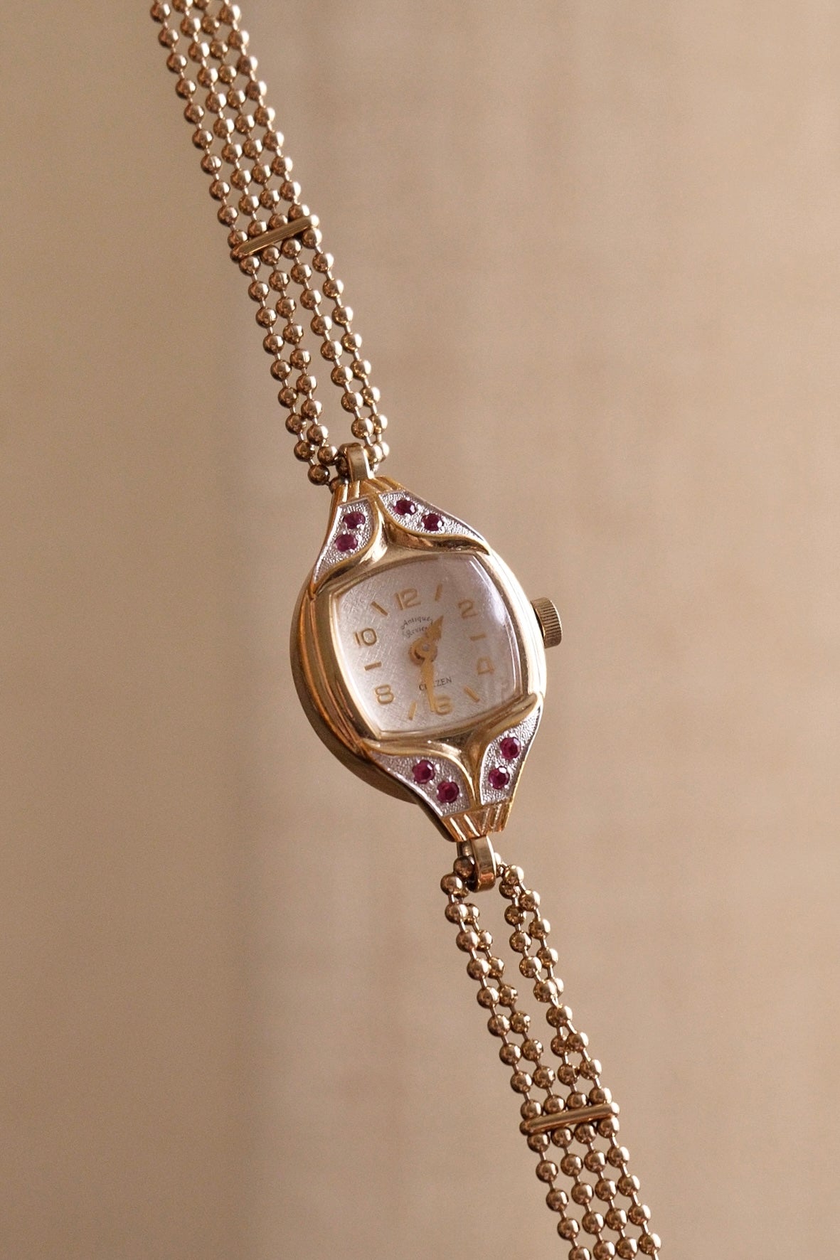 Rare and Unique 1980s Citizen Ladies Pendant Watch Ruby Accent Gold Beaded Chain