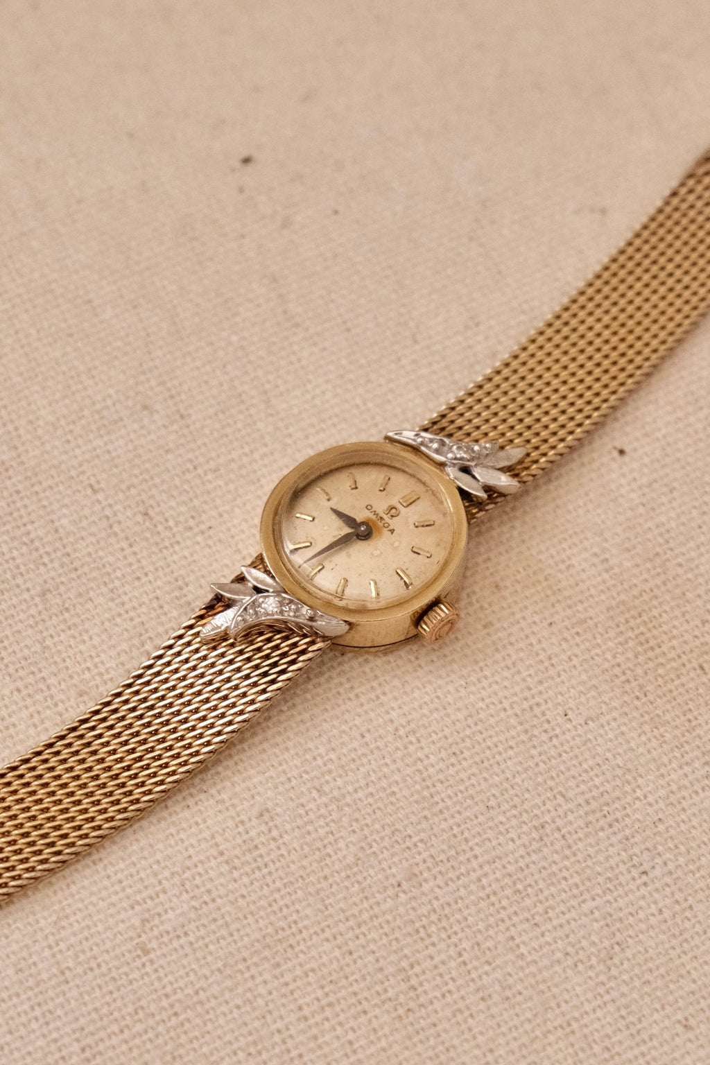 1950s Vintage Omega Ladies Cocktail Watch 10K Gold Filled Mesh Bracelet Diamond Leaf Lugs Champagne Dial Manual Wind Watch