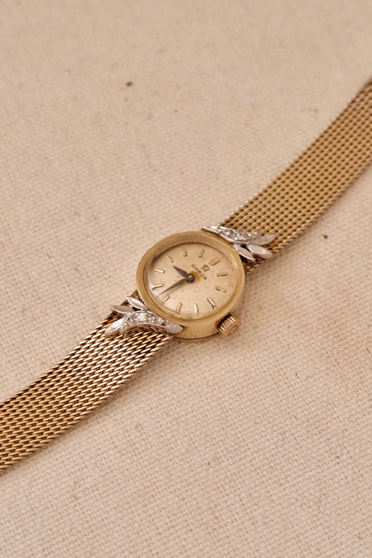 1950s Vintage Omega Ladies Cocktail Watch 10K Gold Filled Mesh Bracelet Diamond Leaf Lugs Champagne Dial Manual Wind Watch