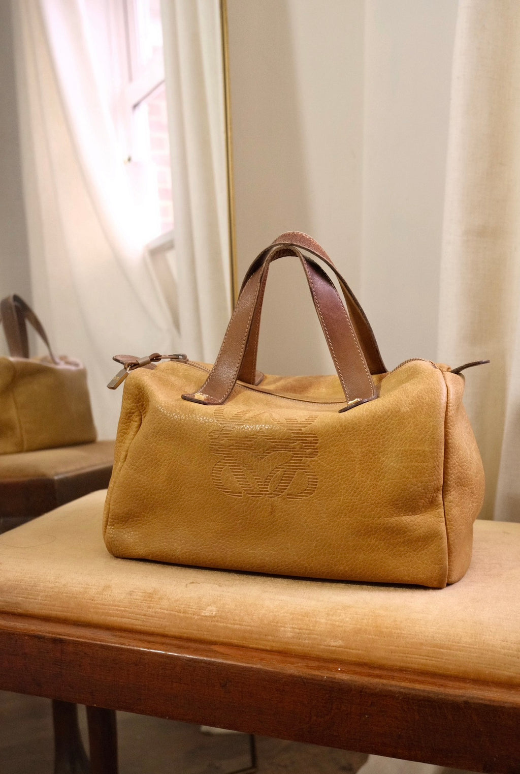 Vintage Loewe Brown Leather Boston Bag Spanish Luxury Top Handle Handbag