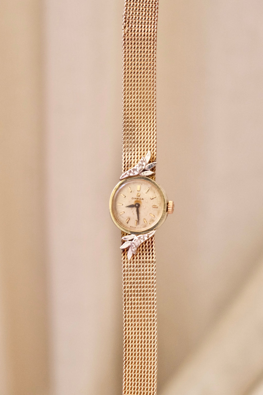 1950s Vintage Omega Ladies Cocktail Watch 10K Gold Filled Mesh Bracelet Diamond Leaf Lugs Champagne Dial Manual Wind Watch