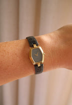 90s Christian Dior Paris Vintage Watch Hexagon Gold Plated Case Grey Dial Swiss Luxury Quartz Wristwatch with Black Leather Strap
